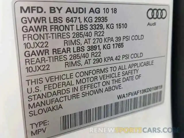 10 Photograph of a damaged car WA1FVAF13KD010819 AUDI Q8 PRESTIG 2019