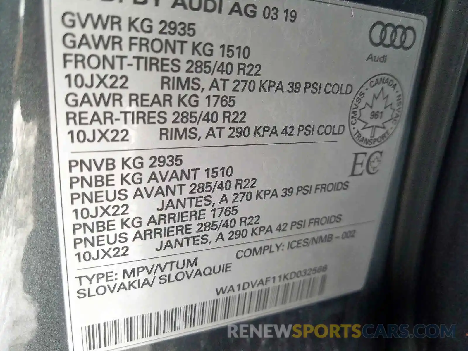 10 Photograph of a damaged car WA1DVAF11KD032566 AUDI Q8 PROGRES 2019