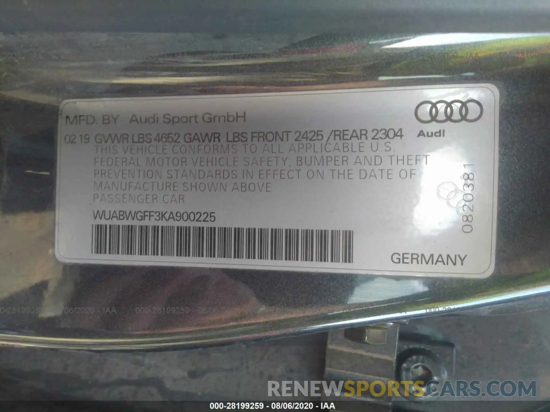 9 Фотография поврежденного автомобиля WUABWGFF3KA900225 AUDI RS 3 2019