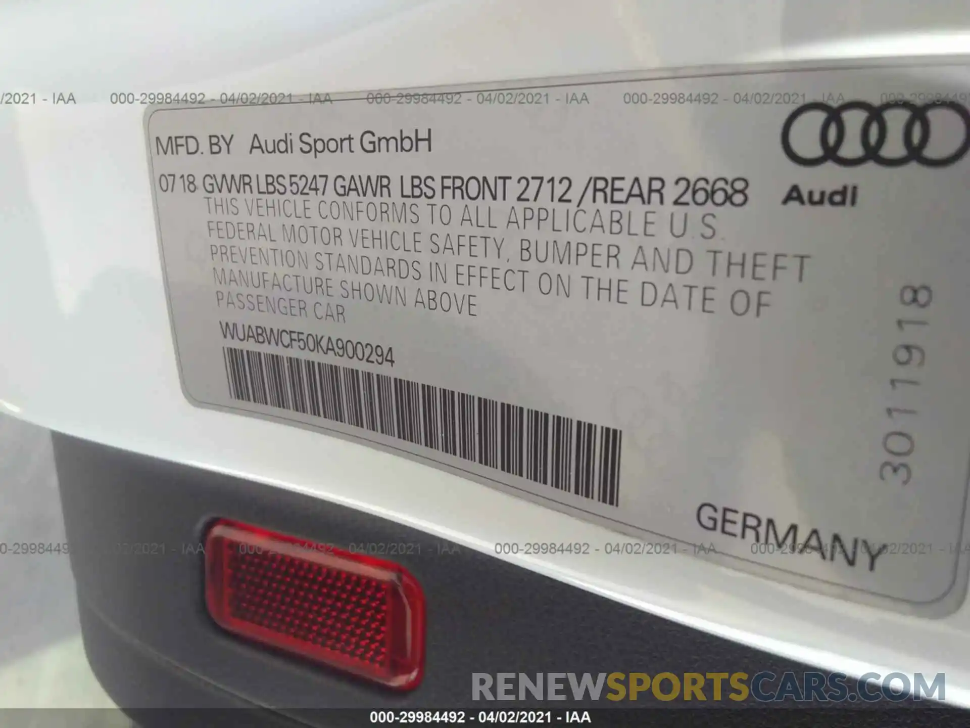 9 Photograph of a damaged car WUABWCF50KA900294 AUDI RS 5 SPORTBACK 2019