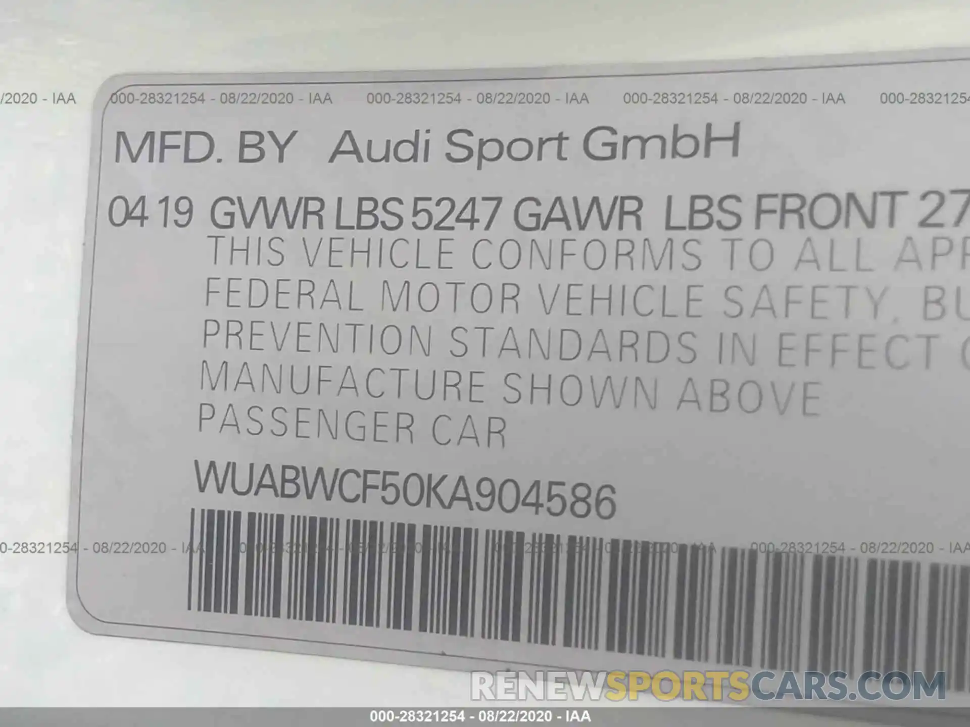 9 Photograph of a damaged car WUABWCF50KA904586 AUDI RS 5 SPORTBACK 2019