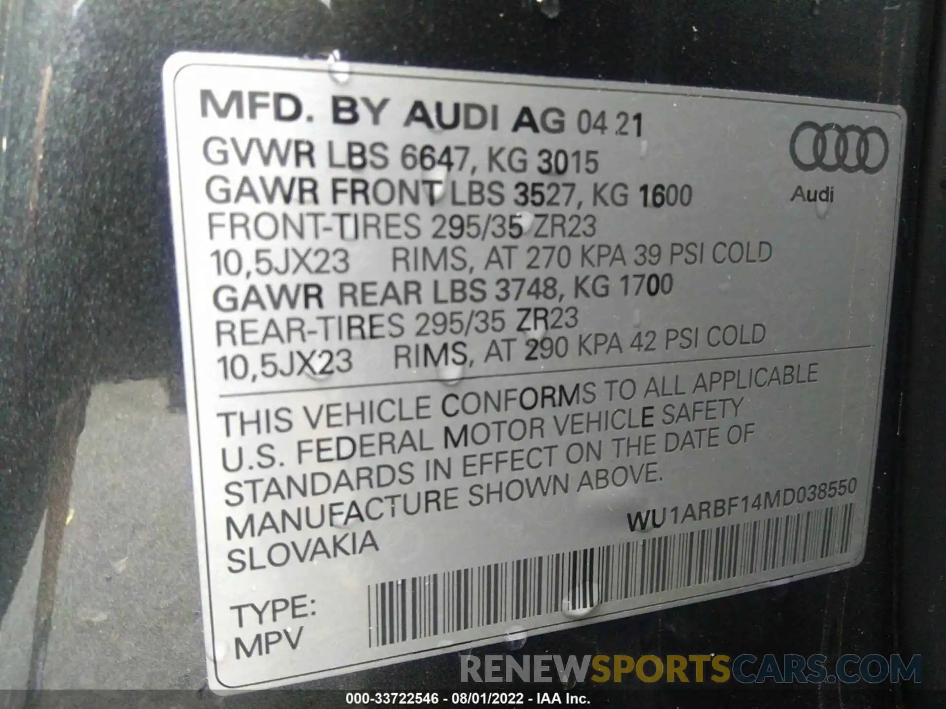 9 Фотография поврежденного автомобиля WU1ARBF14MD038550 AUDI RS Q8 2021