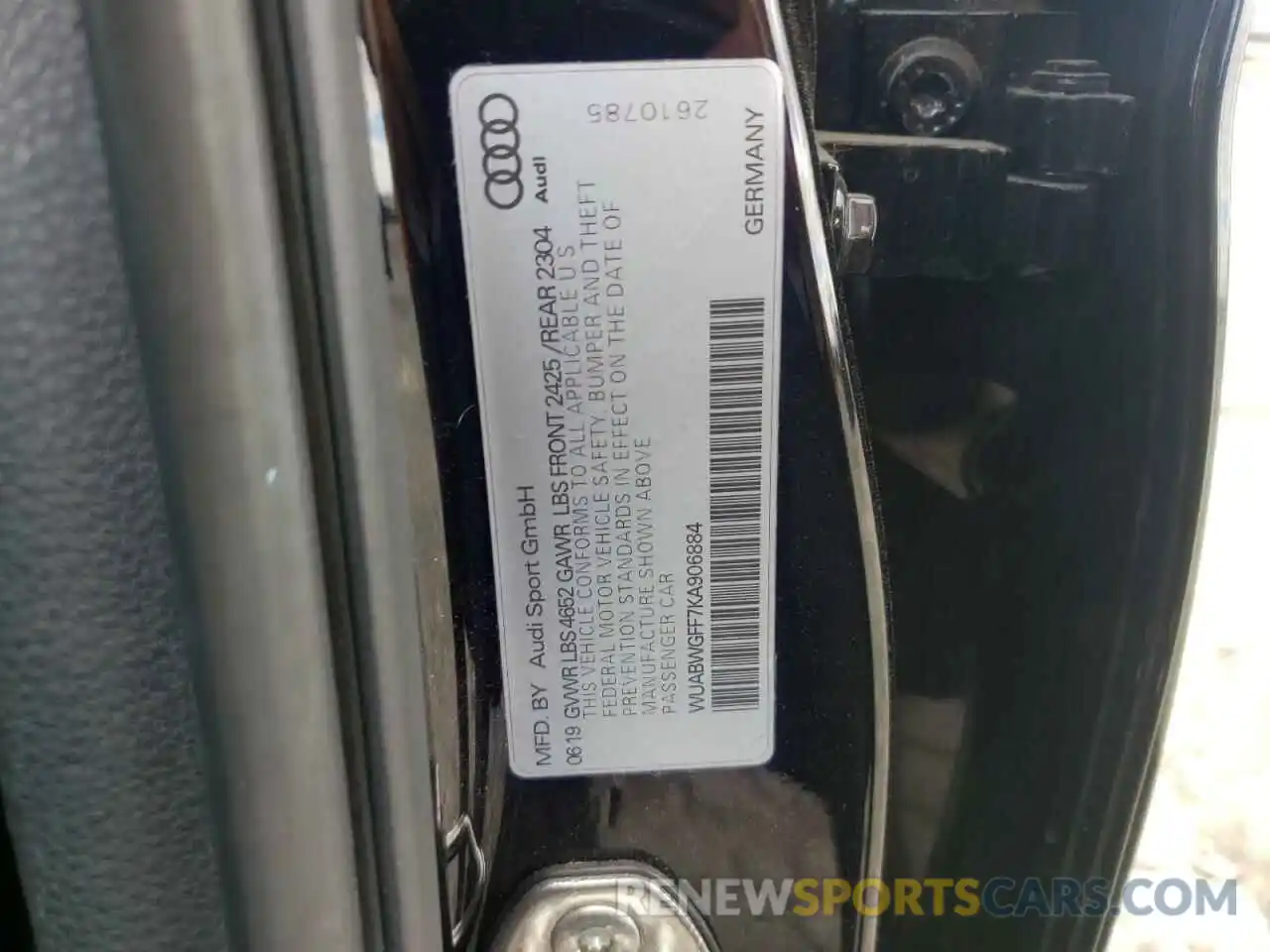 10 Photograph of a damaged car WUABWGFF7KA906884 AUDI RS3 2019