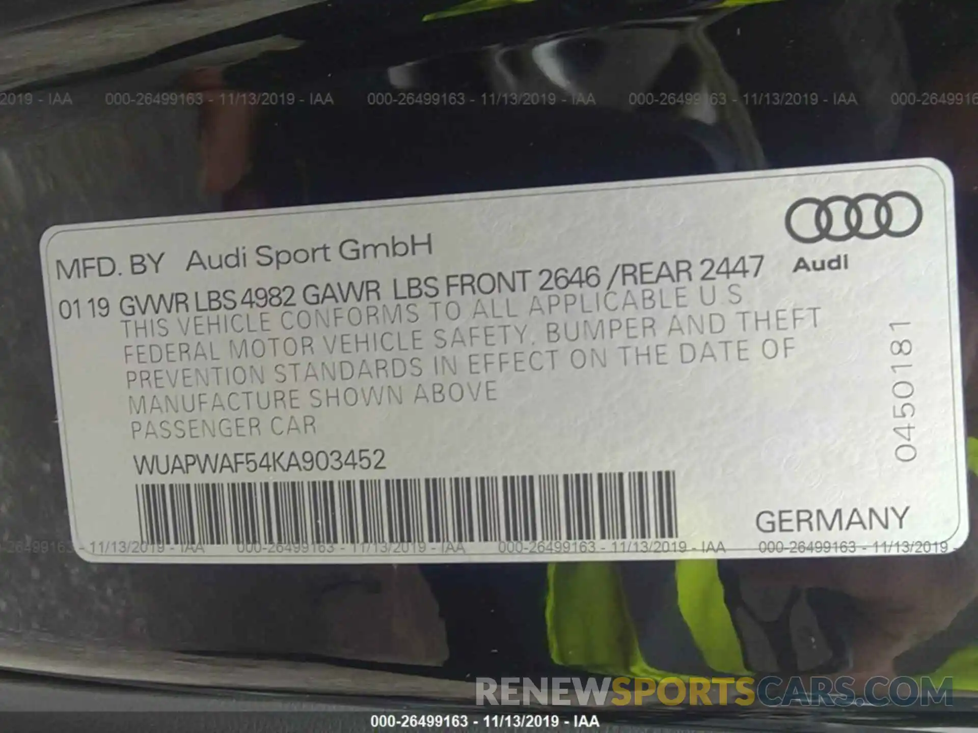 9 Фотография поврежденного автомобиля WUAPWAF54KA903452 AUDI RS5 2019