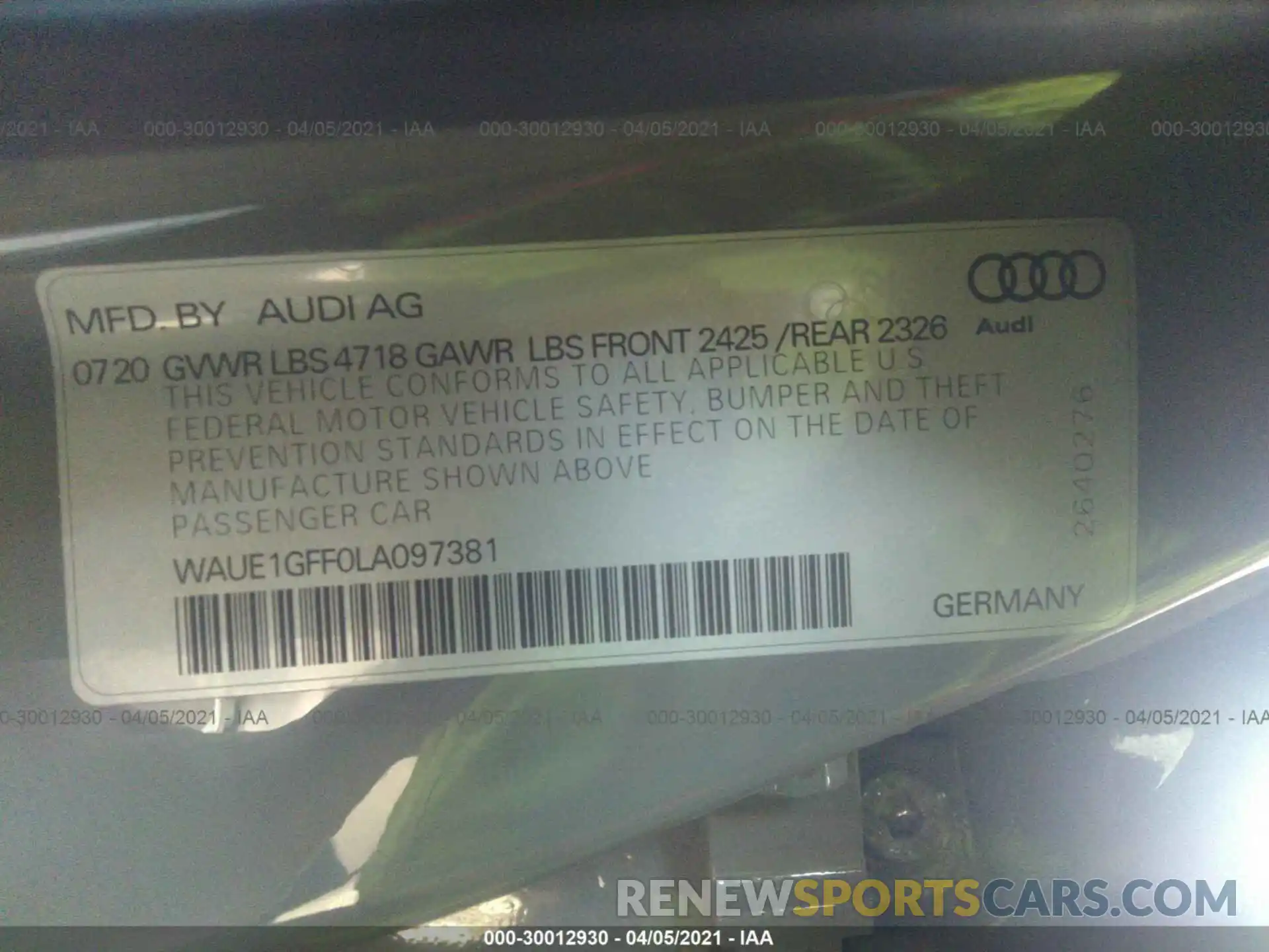 9 Фотография поврежденного автомобиля WAUE1GFF0LA097381 AUDI S3 2020