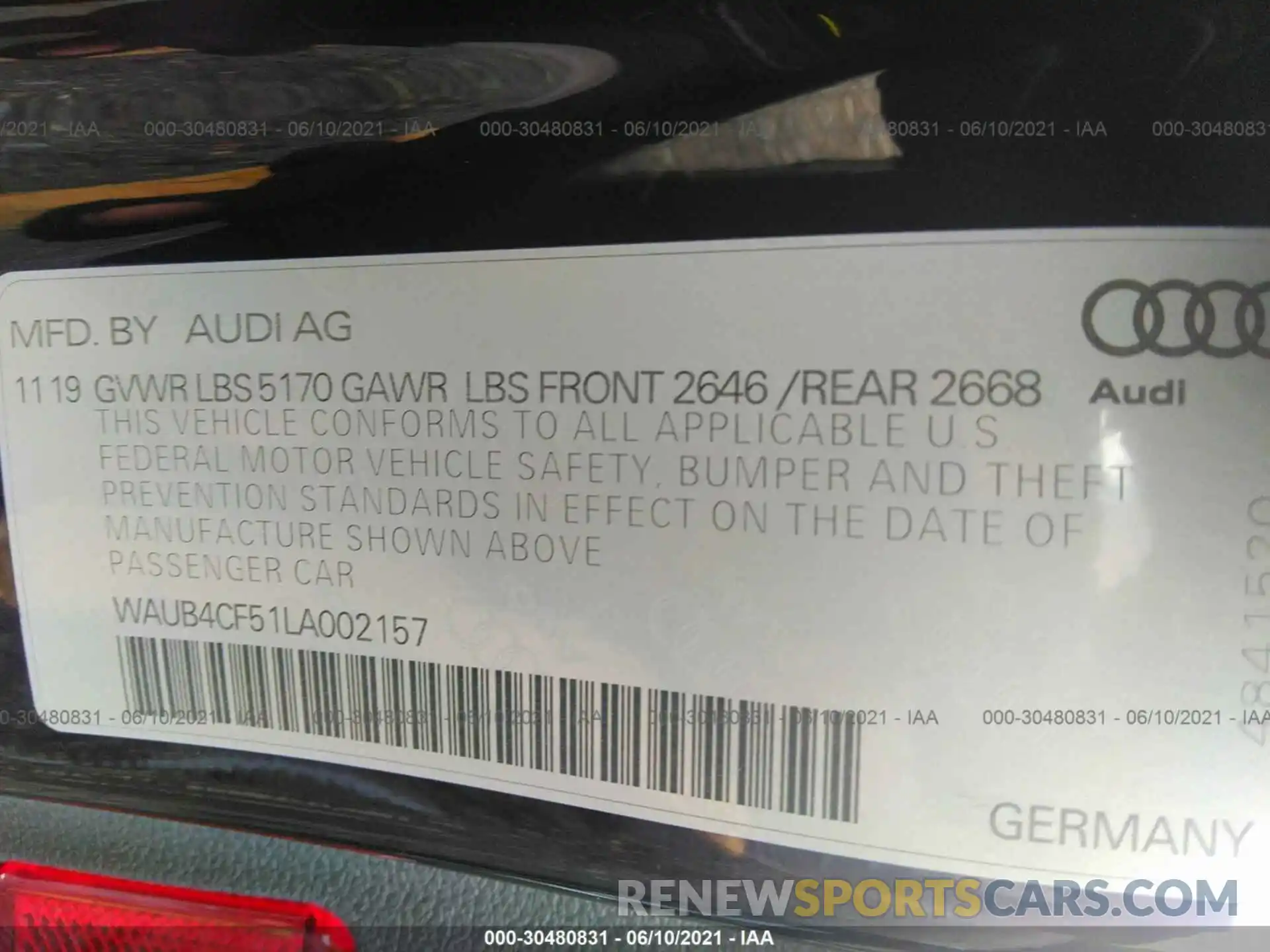 9 Photograph of a damaged car WAUB4CF51LA002157 AUDI S5 SPORTBACK 2020