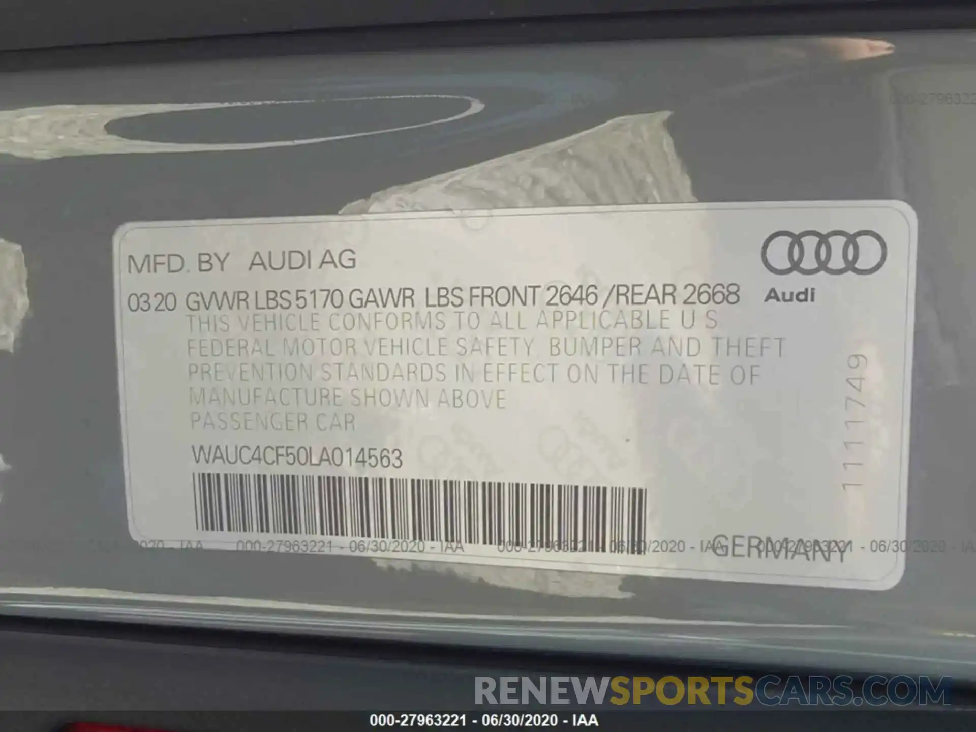 9 Фотография поврежденного автомобиля WAUC4CF50LA014563 AUDI S5 SPORTBACK 2020