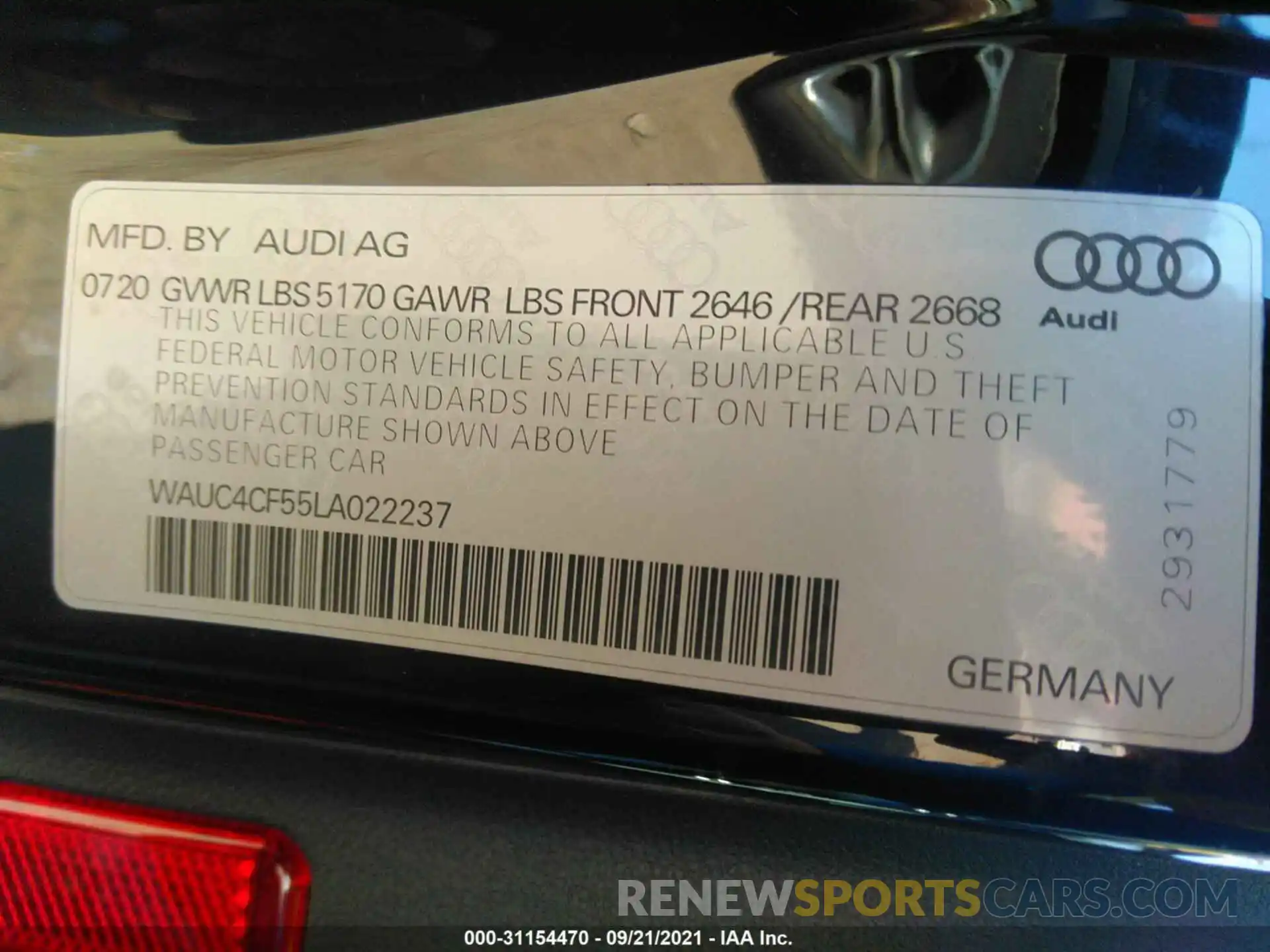 9 Фотография поврежденного автомобиля WAUC4CF55LA022237 AUDI S5 SPORTBACK 2020