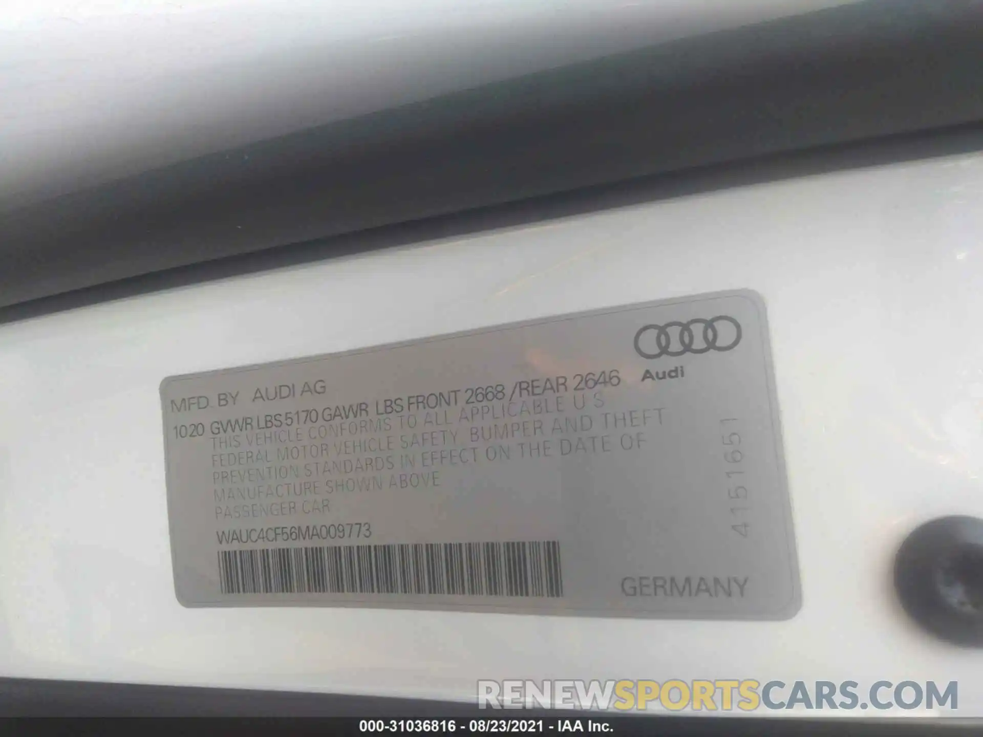 9 Фотография поврежденного автомобиля WAUC4CF56MA009773 AUDI S5 SPORTBACK 2021