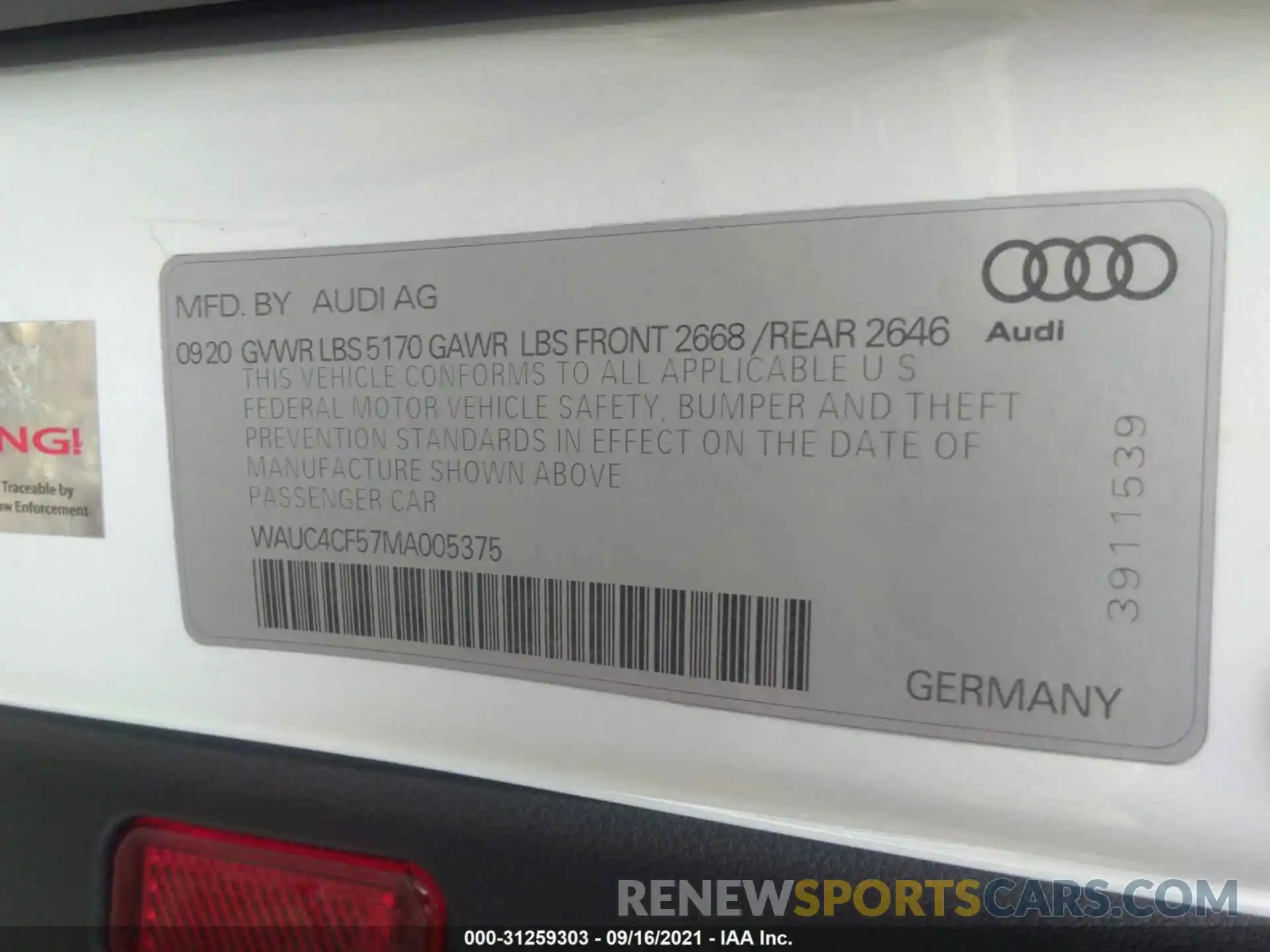 9 Фотография поврежденного автомобиля WAUC4CF57MA005375 AUDI S5 SPORTBACK 2021