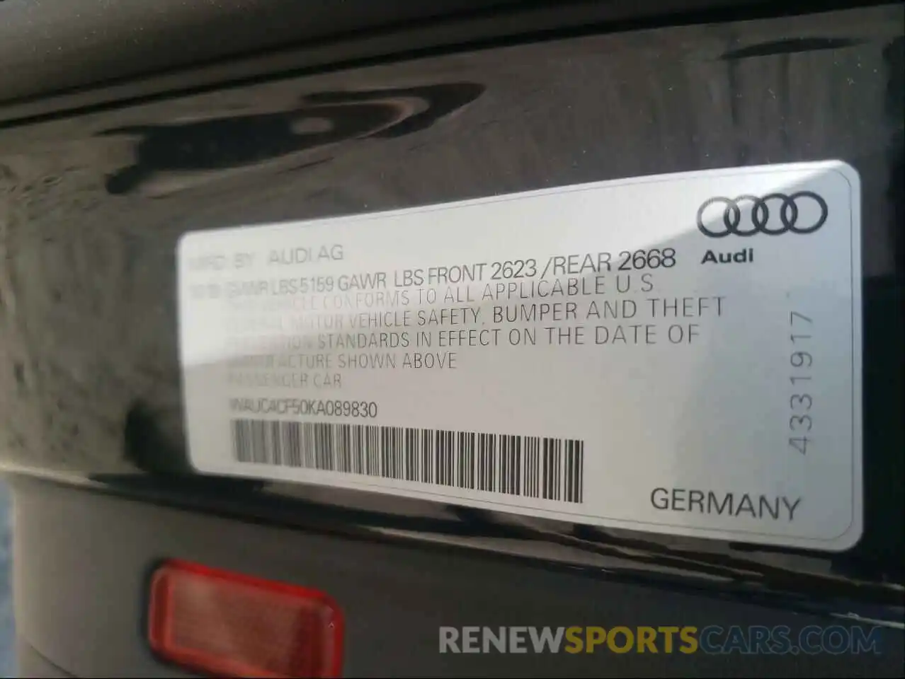 10 Photograph of a damaged car WAUC4CF50KA089830 AUDI S5/RS5 2019