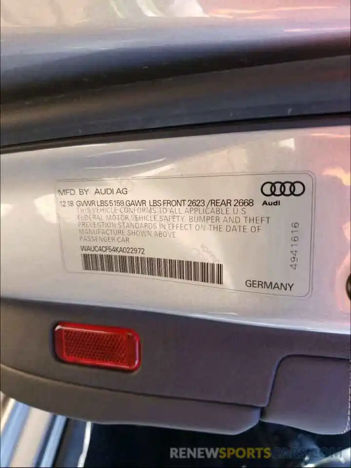 10 Фотография поврежденного автомобиля WAUC4CF54KA022972 AUDI S5/RS5 2019