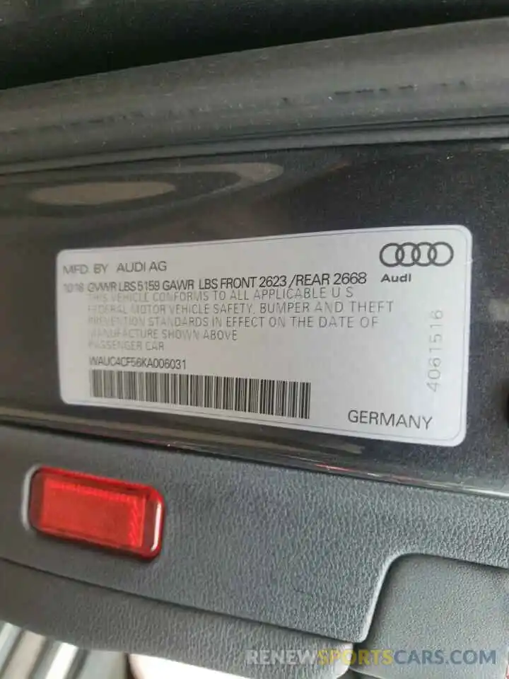 10 Фотография поврежденного автомобиля WAUC4CF56KA006031 AUDI S5/RS5 2019