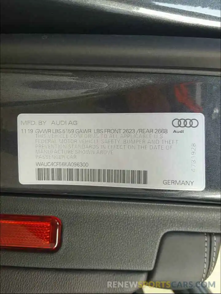 10 Фотография поврежденного автомобиля WAUC4CF56KA096300 AUDI S5/RS5 2019