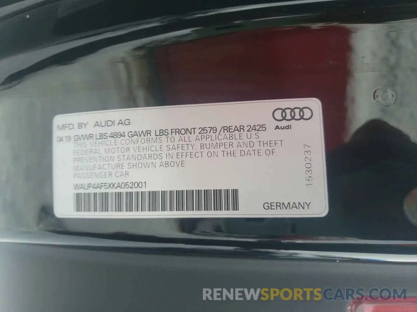 10 Photograph of a damaged car WAUP4AF5XKA052001 AUDI S5/RS5 2019