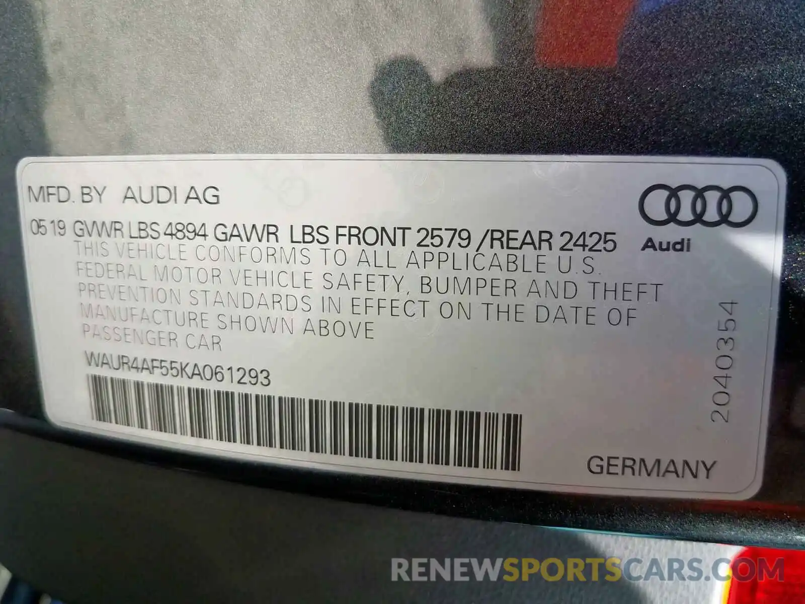 10 Photograph of a damaged car WAUR4AF55KA061293 AUDI S5/RS5 2019