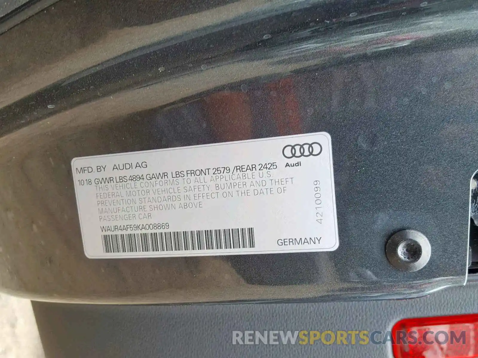 10 Photograph of a damaged car WAUR4AF59KA008869 AUDI S5/RS5 2019