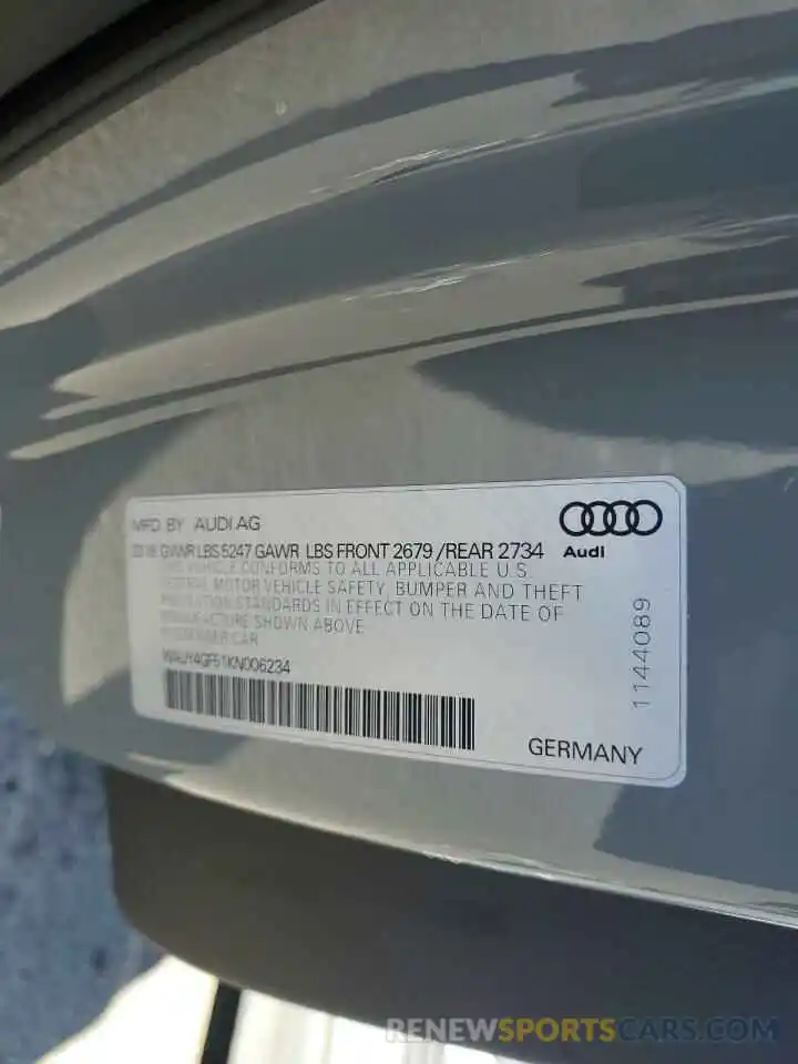 12 Фотография поврежденного автомобиля WAUY4GF51KN006234 AUDI S5/RS5 2019