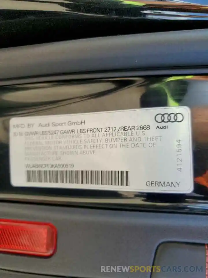 10 Photograph of a damaged car WUABWCF53KA900919 AUDI S5/RS5 2019