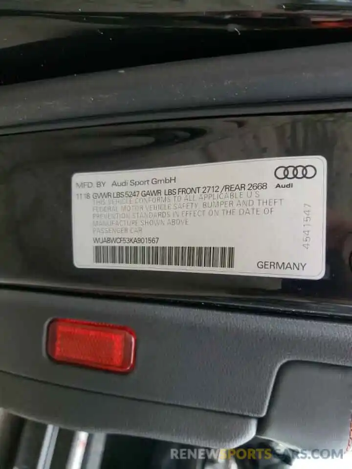 10 Фотография поврежденного автомобиля WUABWCF53KA901567 AUDI S5/RS5 2019