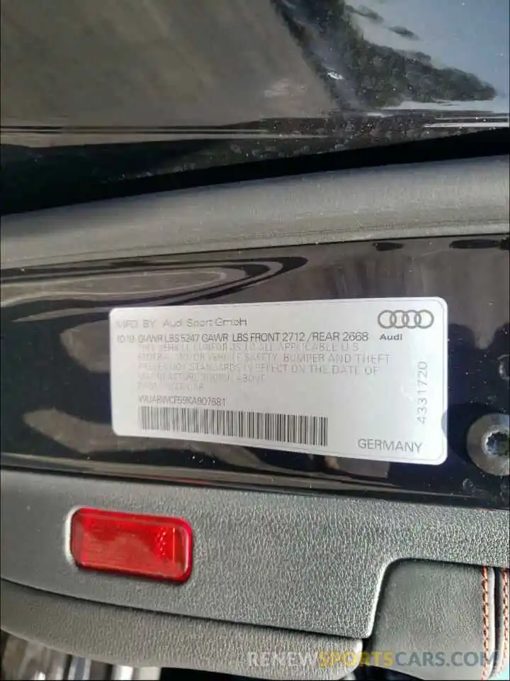 10 Photograph of a damaged car WUABWCF59KA907681 AUDI S5/RS5 2019