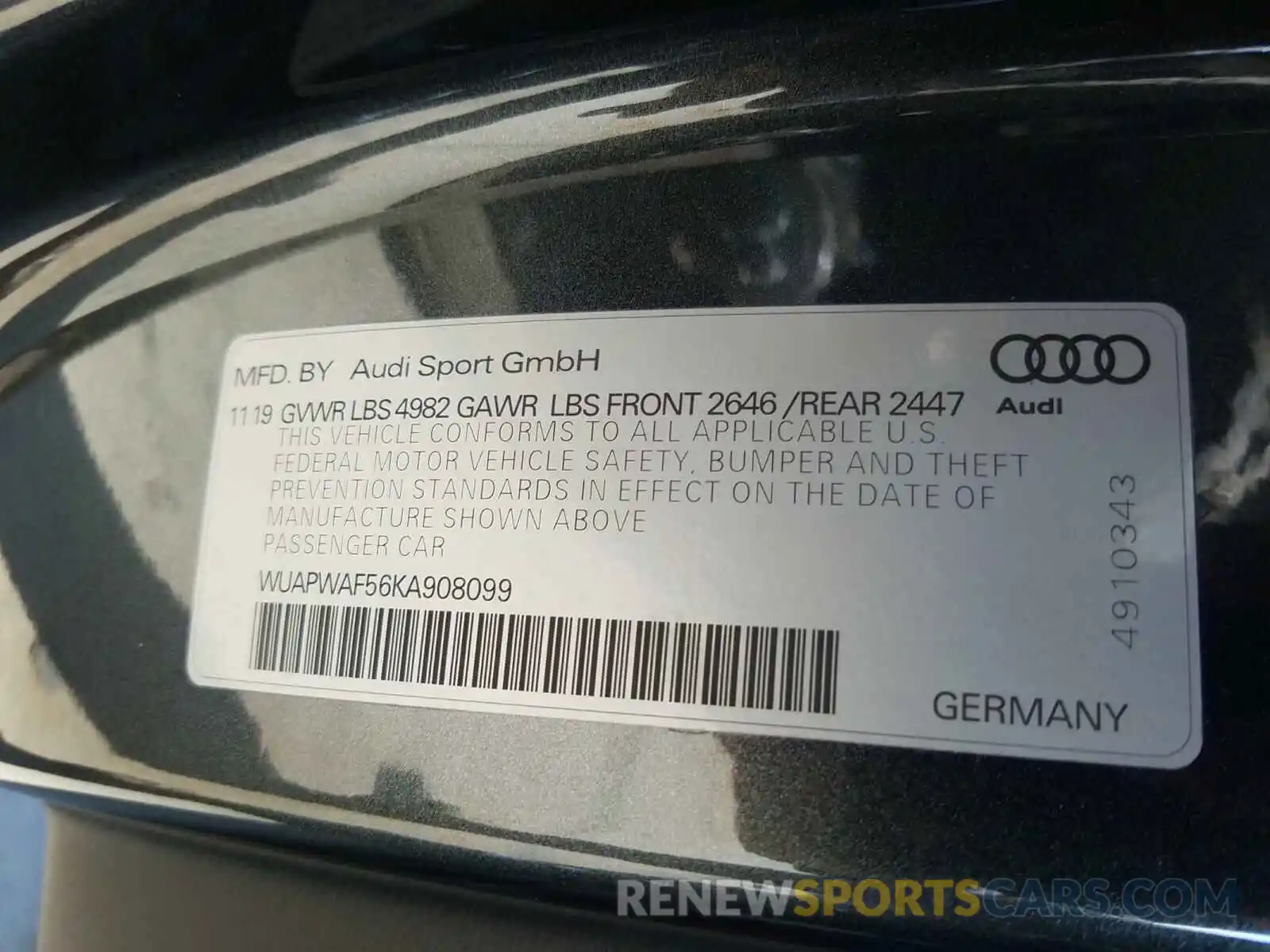 10 Photograph of a damaged car WUAPWAF56KA908099 AUDI S5/RS5 2019