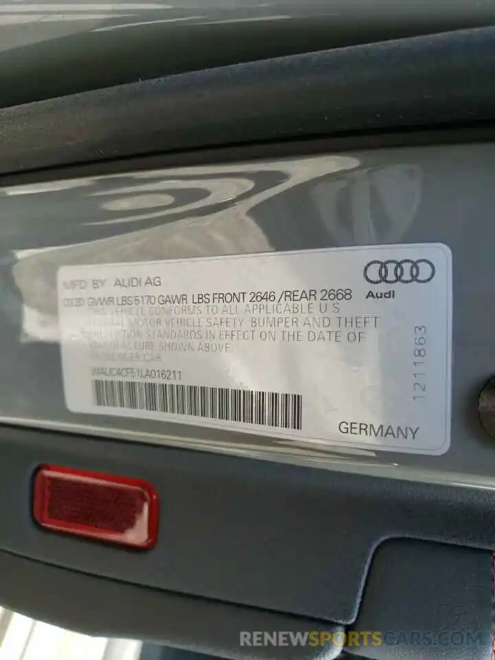 10 Фотография поврежденного автомобиля WAUC4CF51LA016211 AUDI S5/RS5 2020