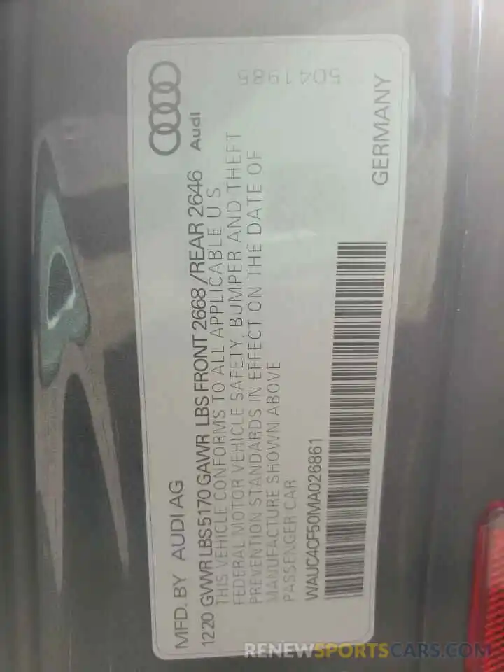 10 Фотография поврежденного автомобиля WAUC4CF50MA026861 AUDI S5/RS5 2021