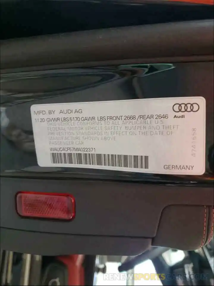 10 Фотография поврежденного автомобиля WAUC4CF57MA022371 AUDI S5/RS5 2021