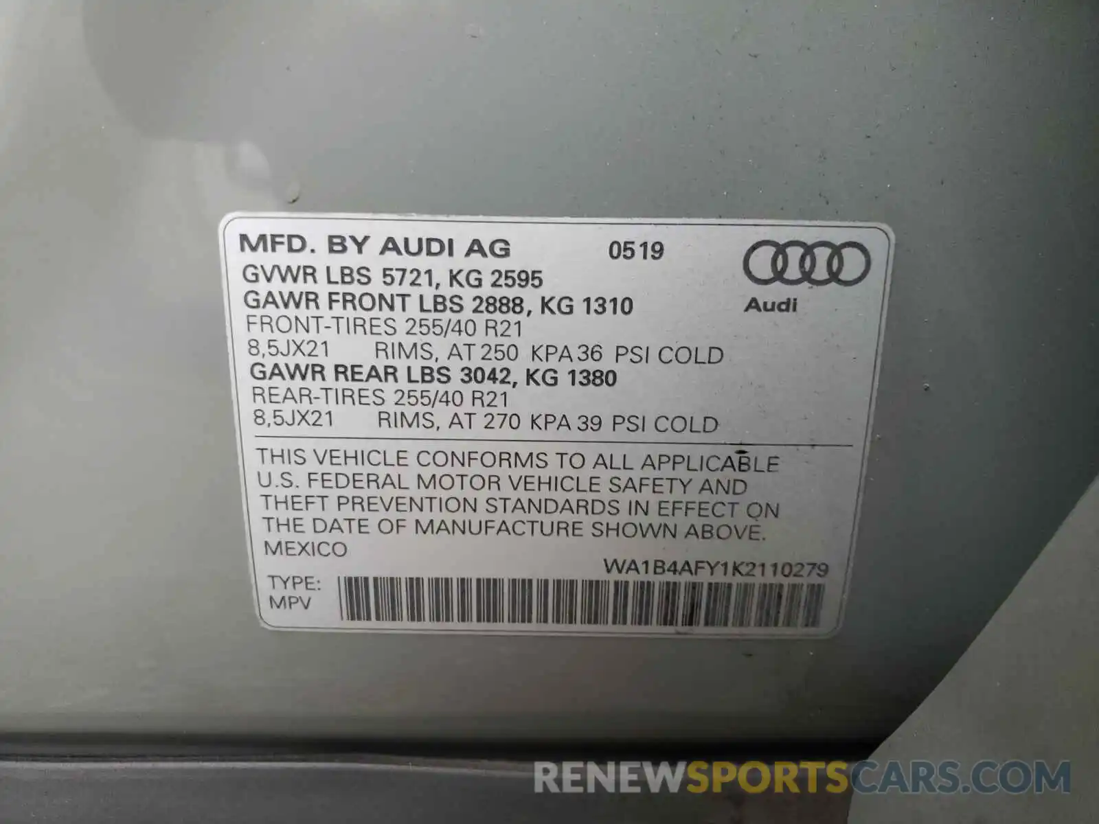 10 Photograph of a damaged car WA1B4AFY1K2110279 AUDI SQ5 2019