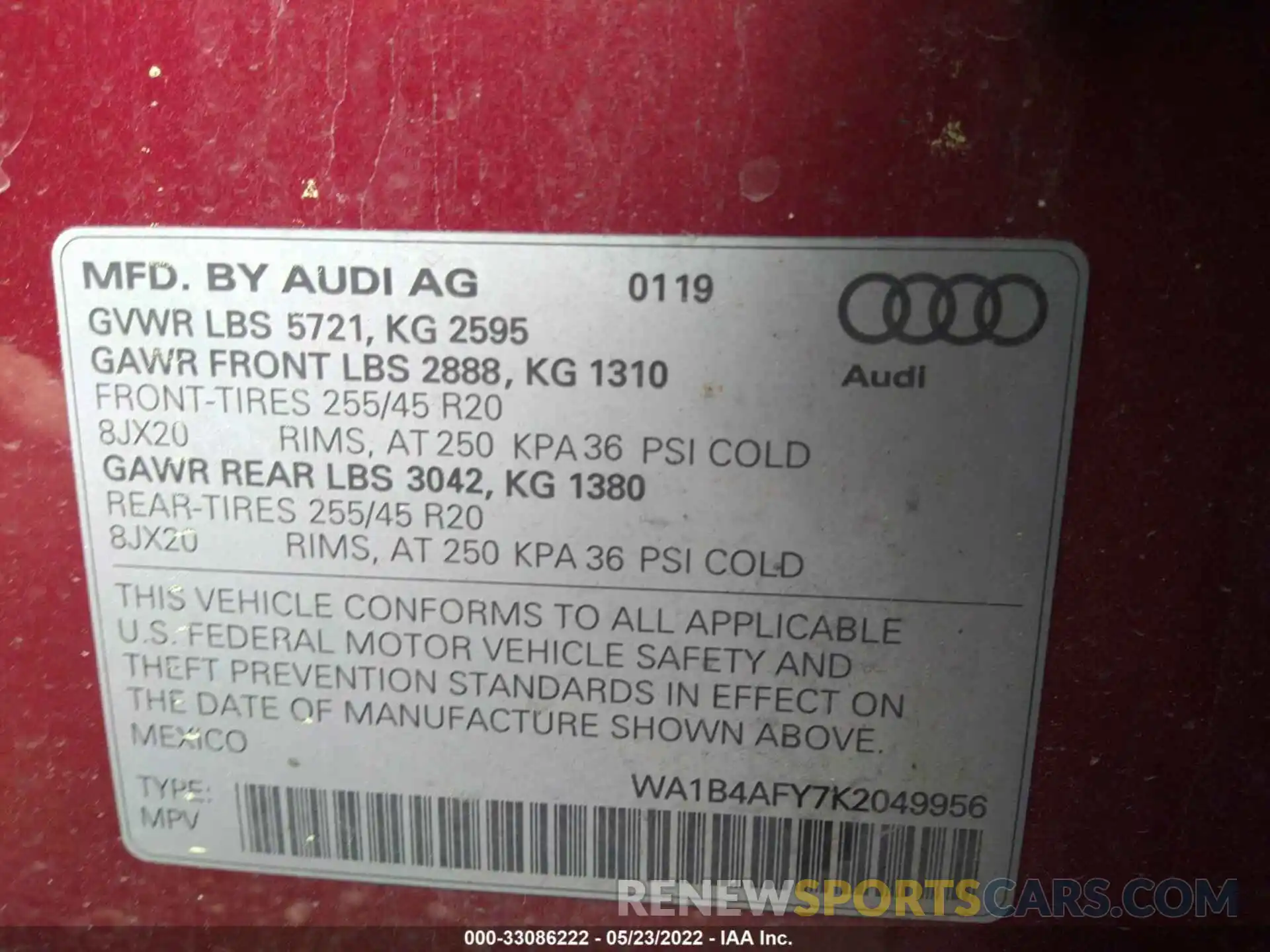 9 Фотография поврежденного автомобиля WA1B4AFY7K2049956 AUDI SQ5 2019