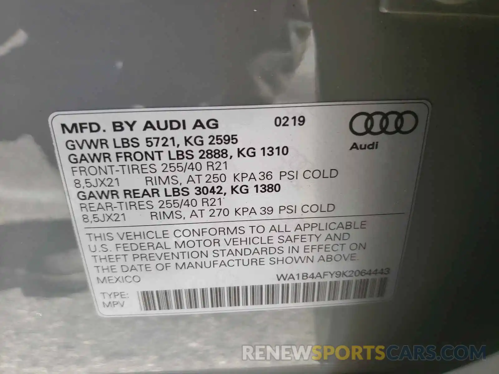 10 Фотография поврежденного автомобиля WA1B4AFY9K2064443 AUDI SQ5 2019