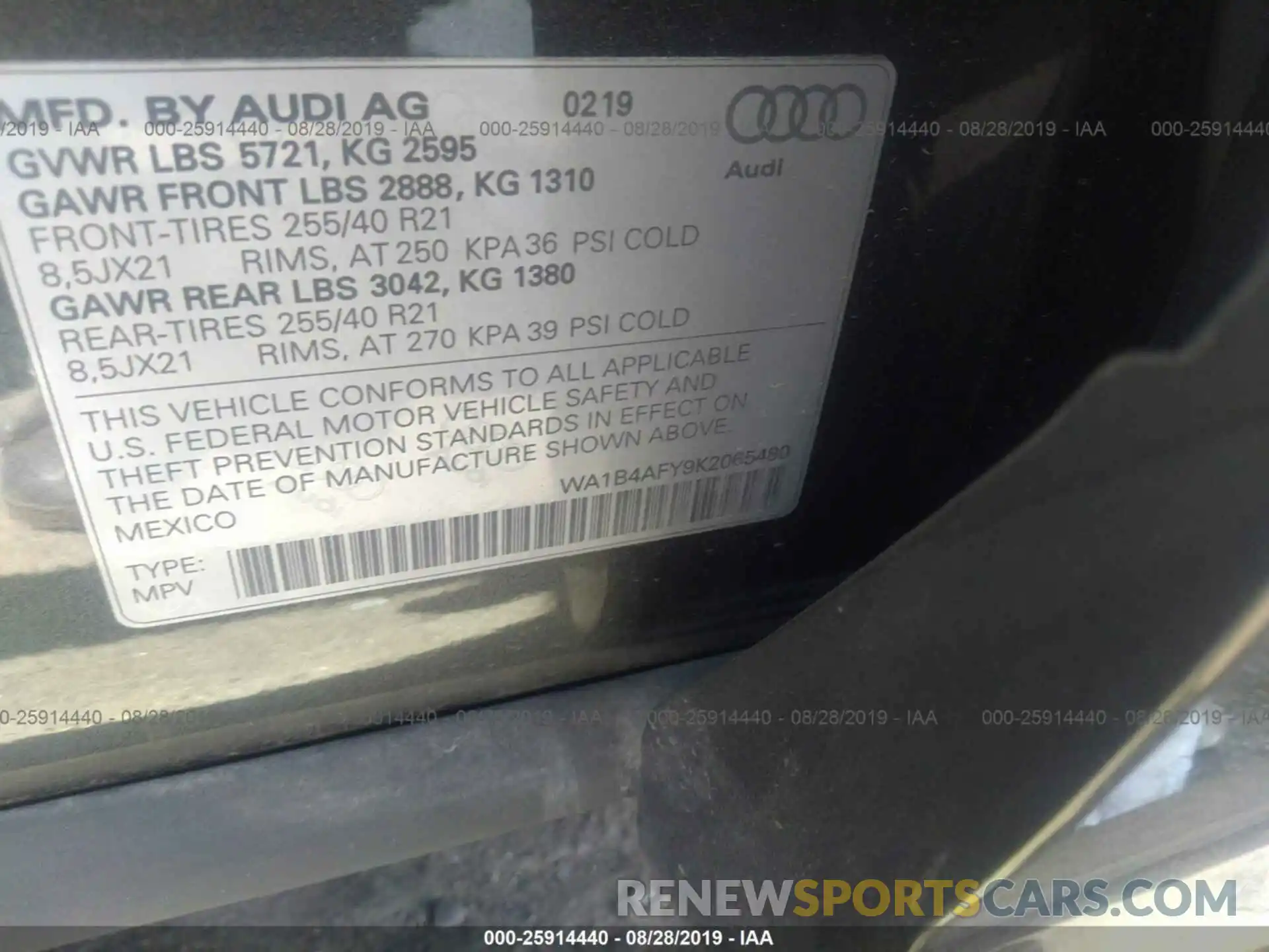 9 Фотография поврежденного автомобиля WA1B4AFY9K2065480 AUDI SQ5 2019