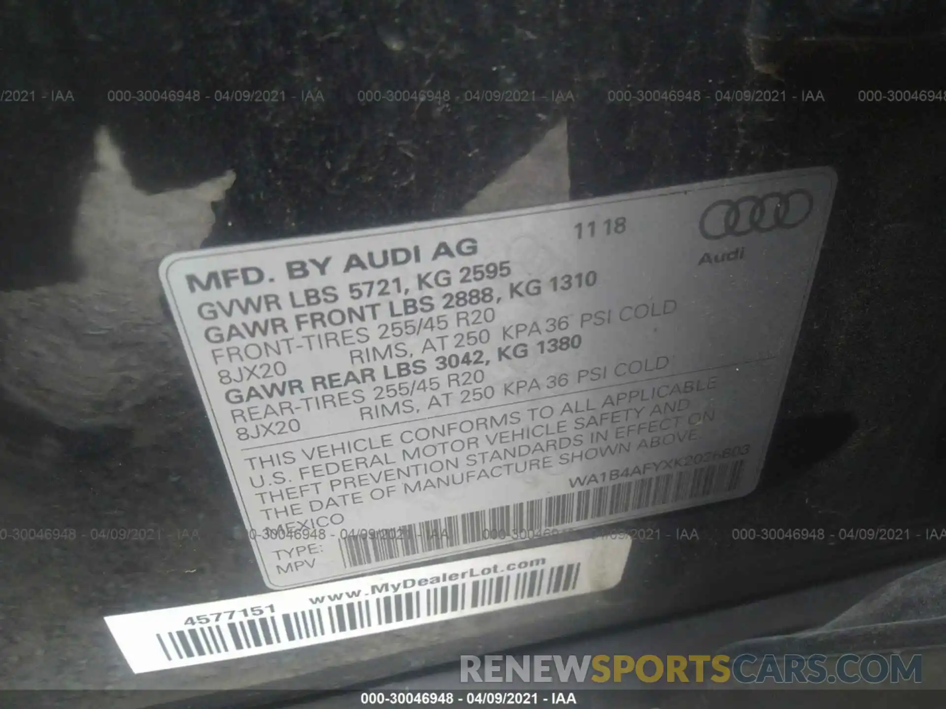 9 Фотография поврежденного автомобиля WA1B4AFYXK2026803 AUDI SQ5 2019