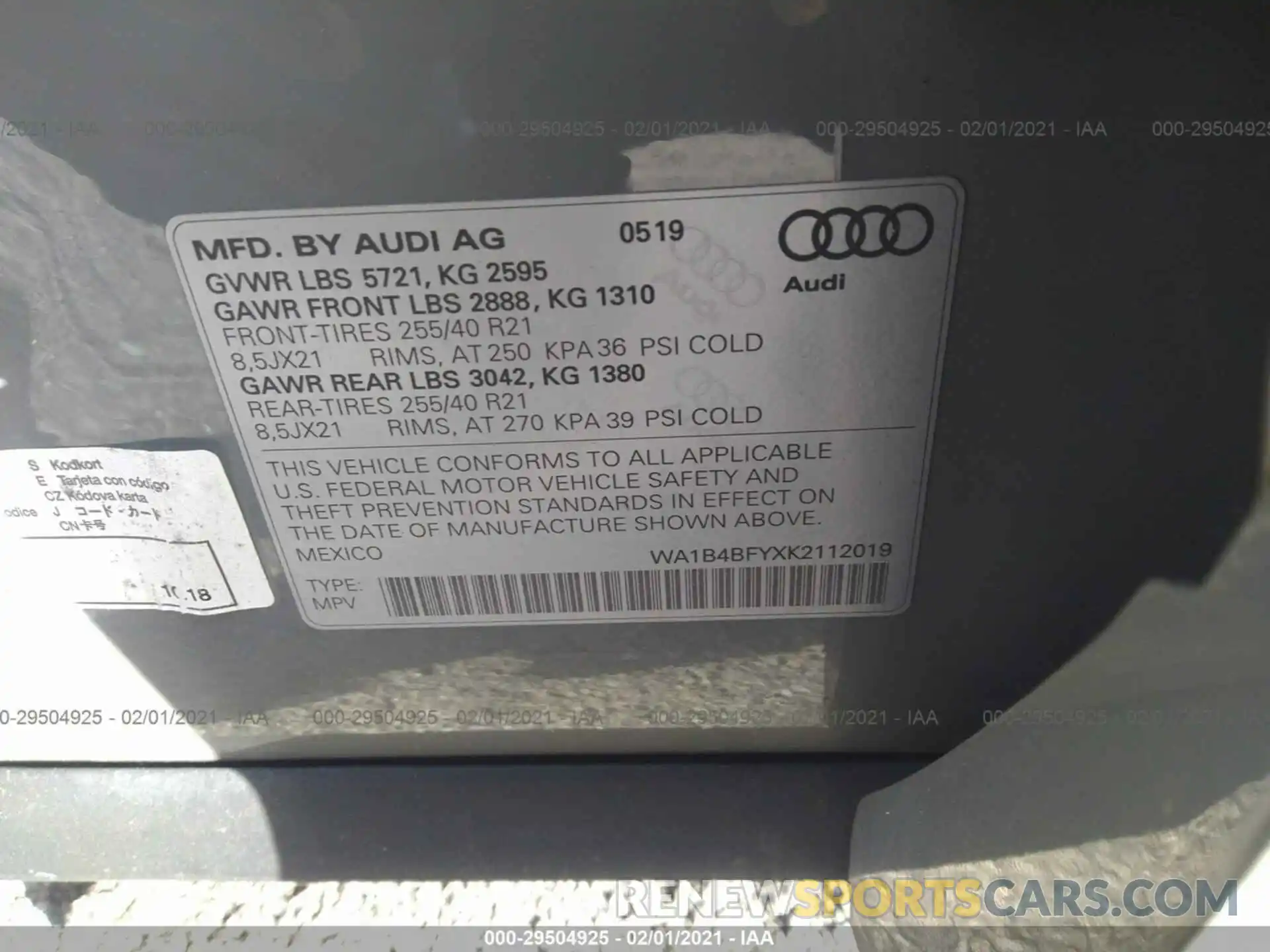 9 Фотография поврежденного автомобиля WA1B4BFYXK2112019 AUDI SQ5 2019