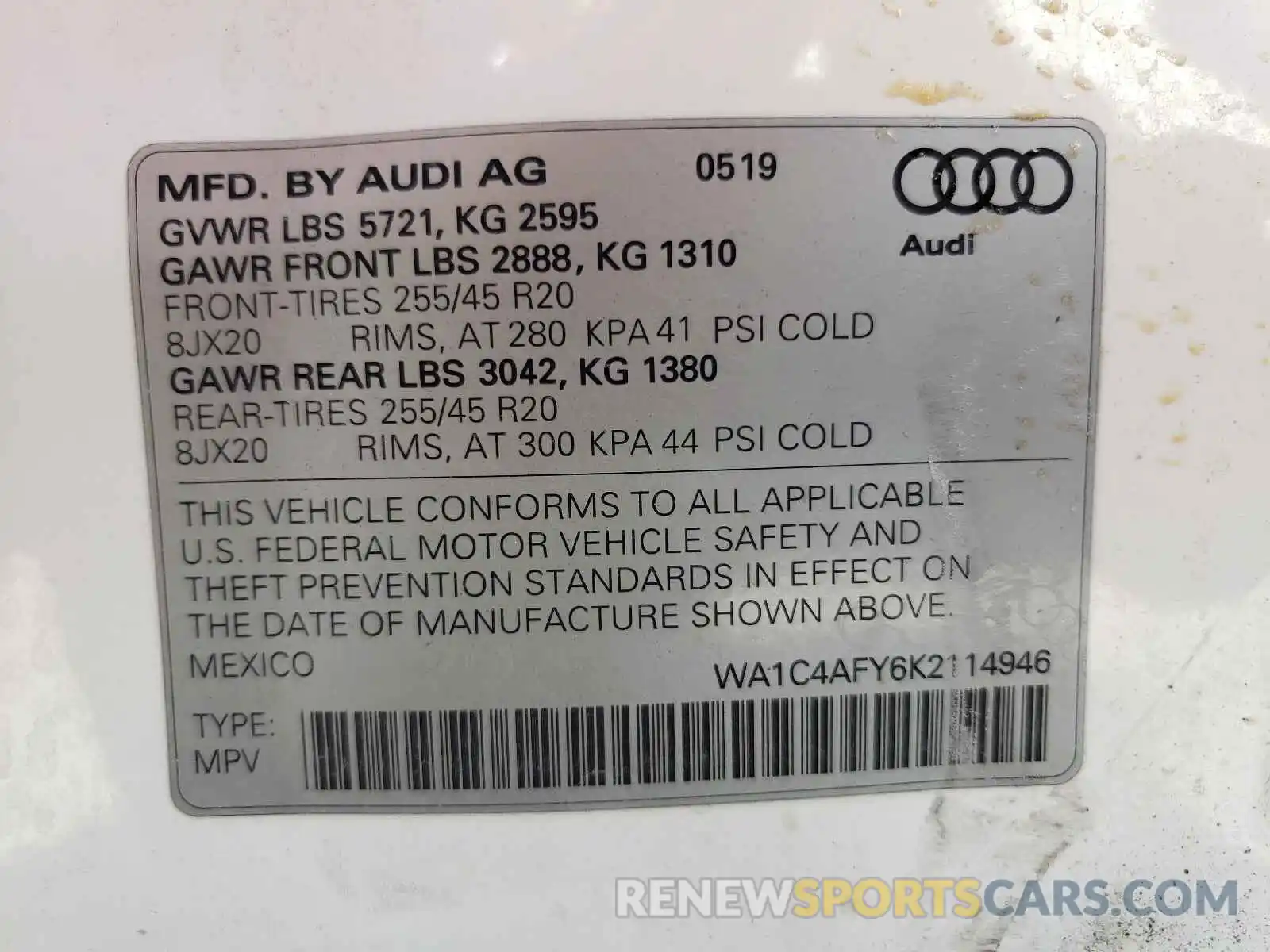 10 Photograph of a damaged car WA1C4AFY6K2114946 AUDI SQ5 2019