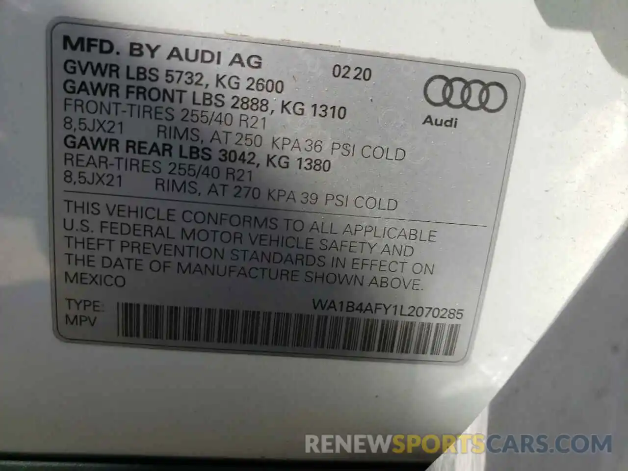 10 Фотография поврежденного автомобиля WA1B4AFY1L2070285 AUDI SQ5 2020