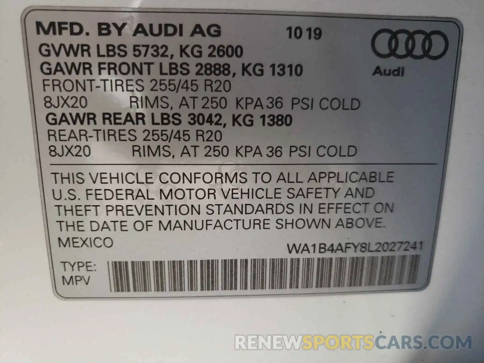 10 Photograph of a damaged car WA1B4AFY8L2027241 AUDI SQ5 2020