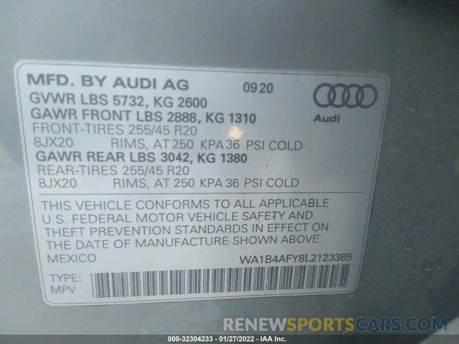 9 Фотография поврежденного автомобиля WA1B4AFY8L2123385 AUDI SQ5 2020