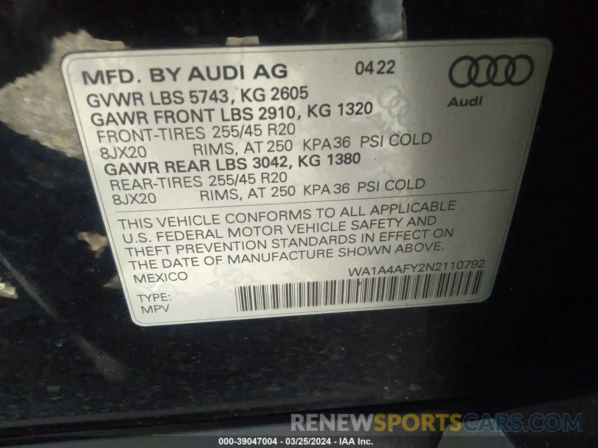 9 Фотография поврежденного автомобиля WA1A4AFY2N2110792 AUDI SQ5 2022