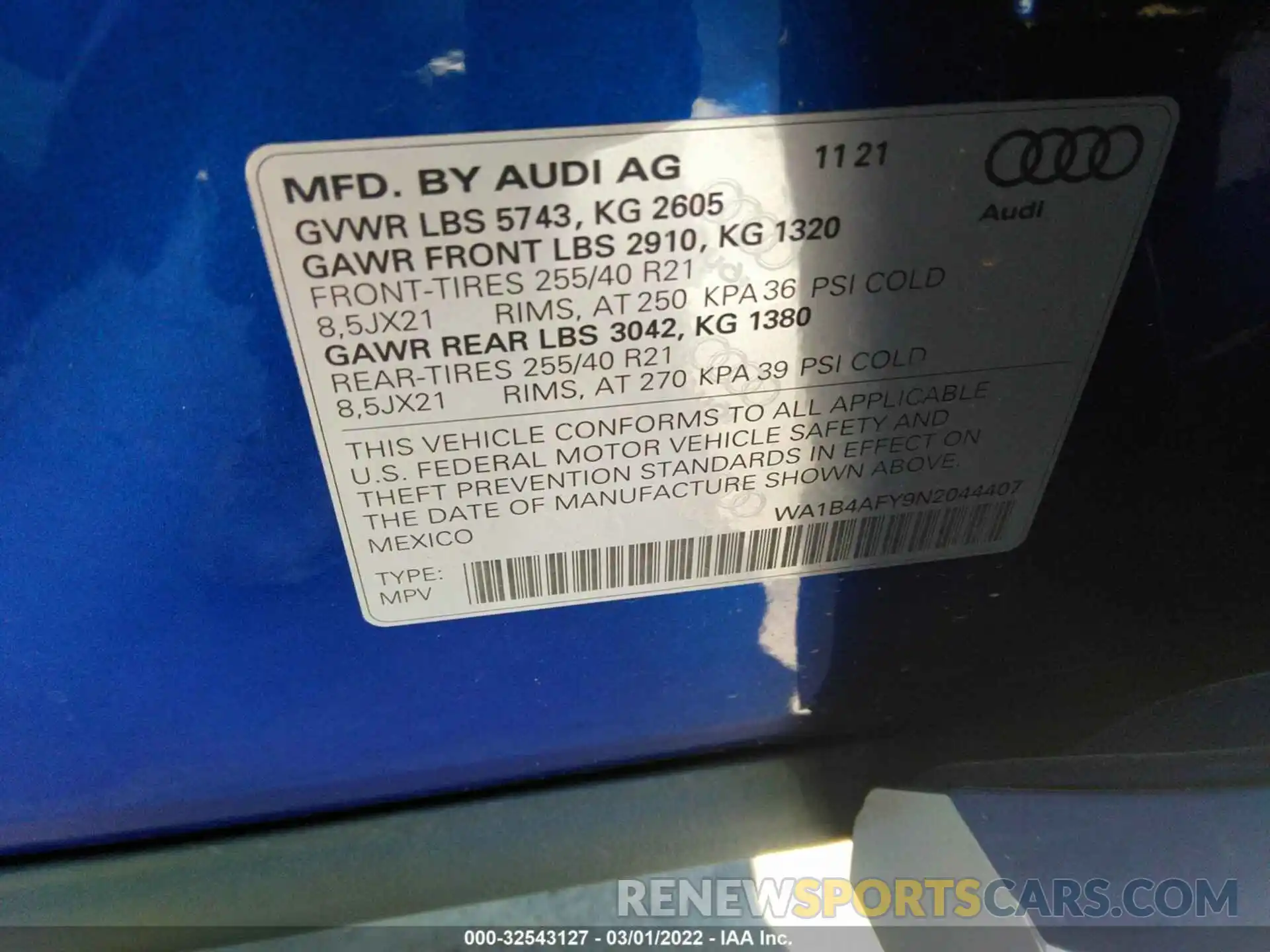 9 Фотография поврежденного автомобиля WA1B4AFY9N2044407 AUDI SQ5 2022