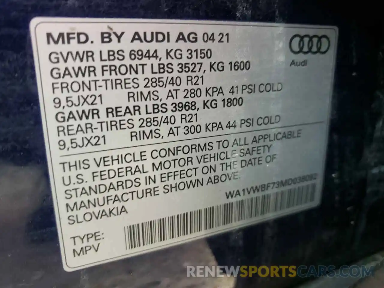 10 Photograph of a damaged car WA1VWBF73MD038092 AUDI SQ7 2021