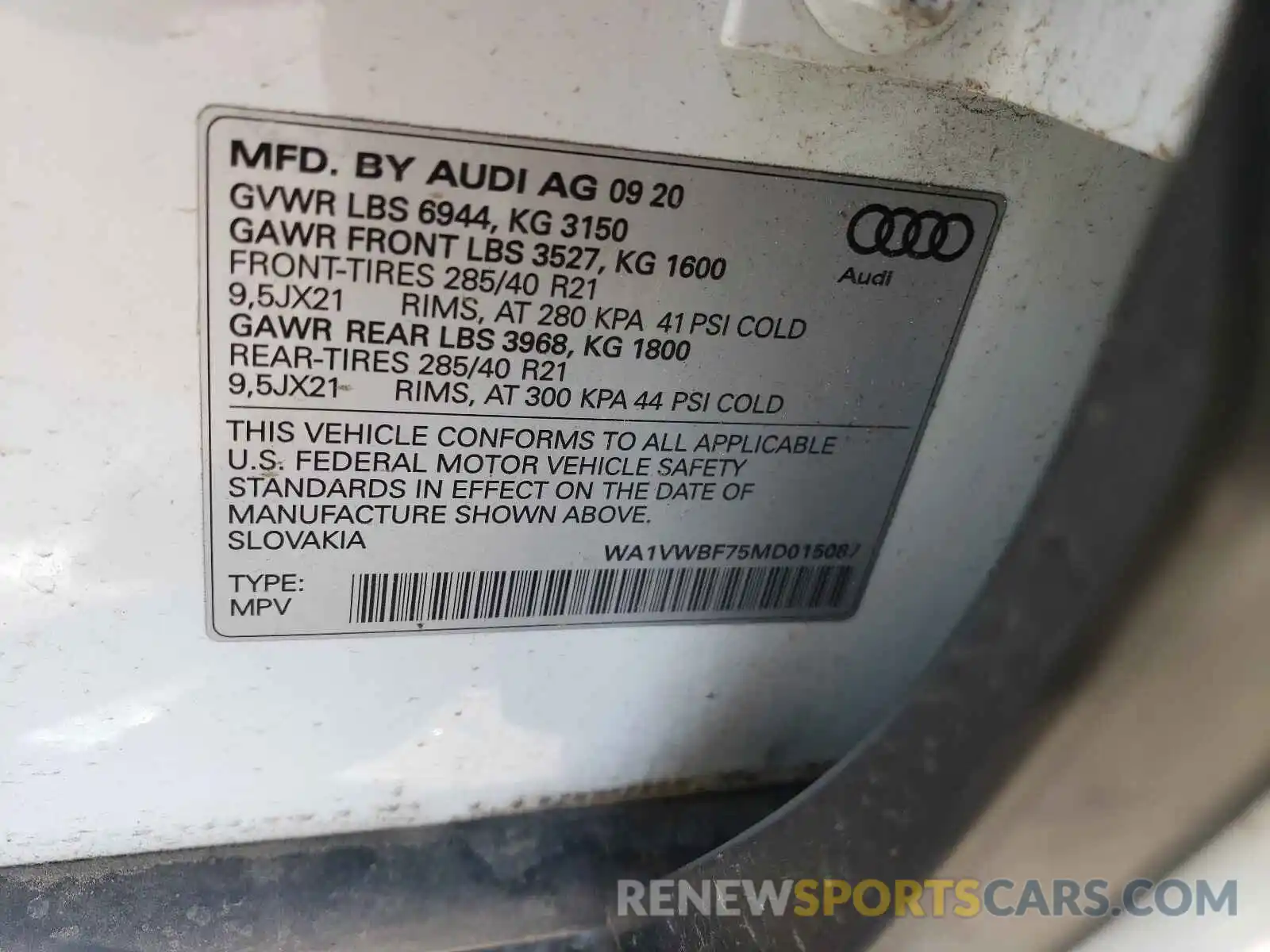 10 Photograph of a damaged car WA1VWBF75MD015087 AUDI SQ7 2021