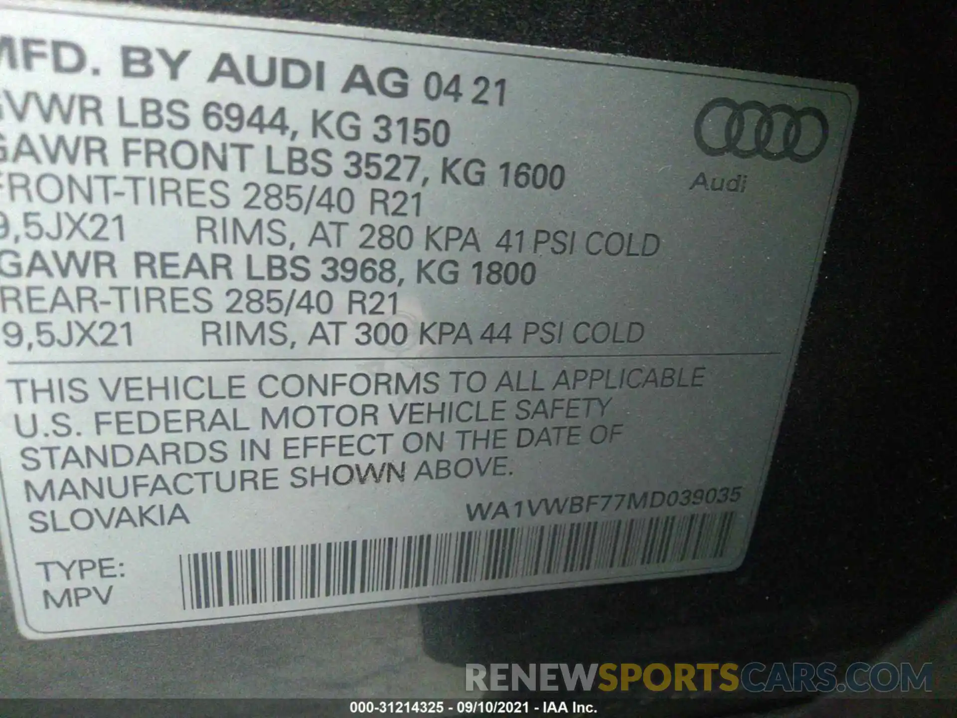 9 Photograph of a damaged car WA1VWBF77MD039035 AUDI SQ7 2021