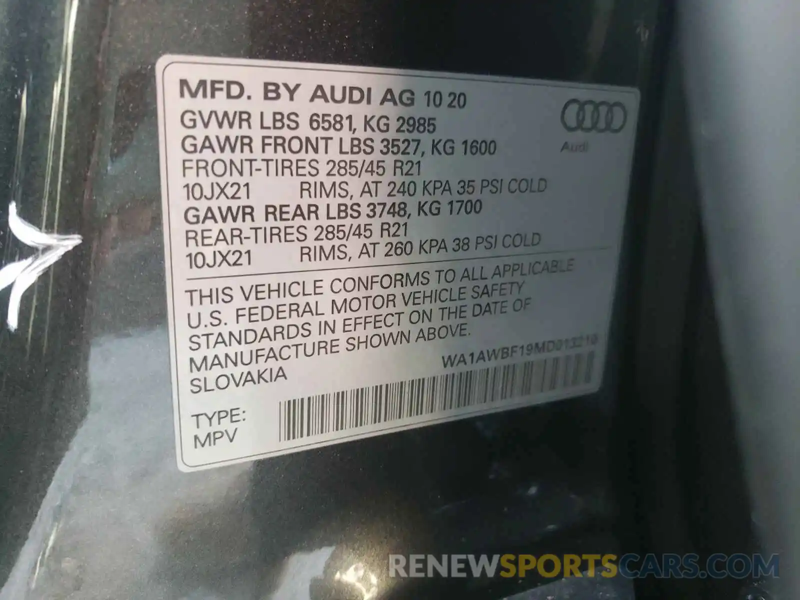 10 Photograph of a damaged car WA1AWBF19MD013210 AUDI SQ8 2021