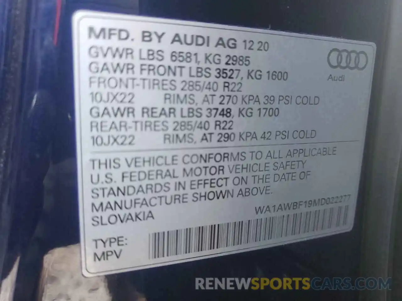 10 Photograph of a damaged car WA1AWBF19MD022277 AUDI SQ8 2021