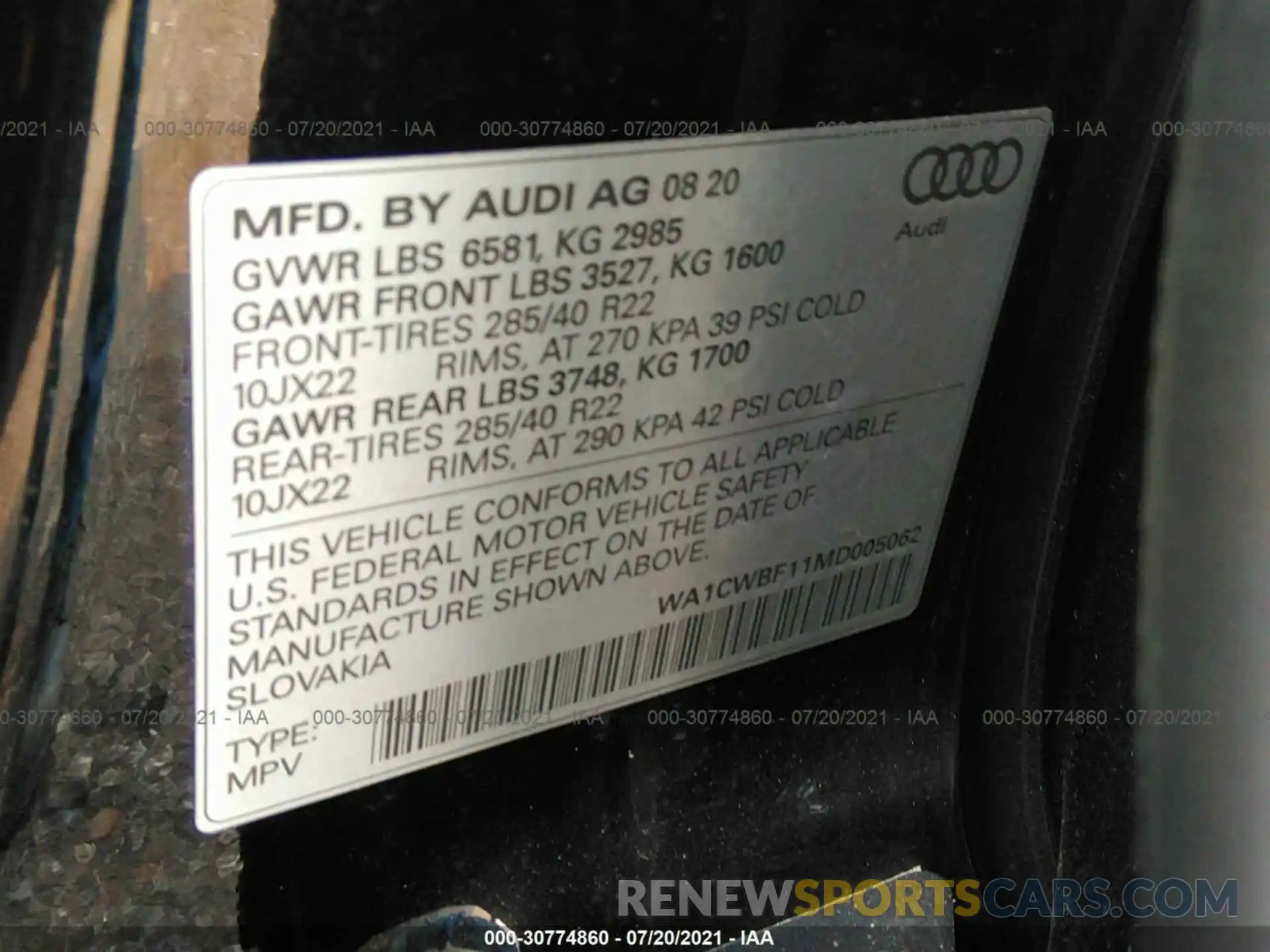 9 Фотография поврежденного автомобиля WA1CWBF11MD005062 AUDI SQ8 2021