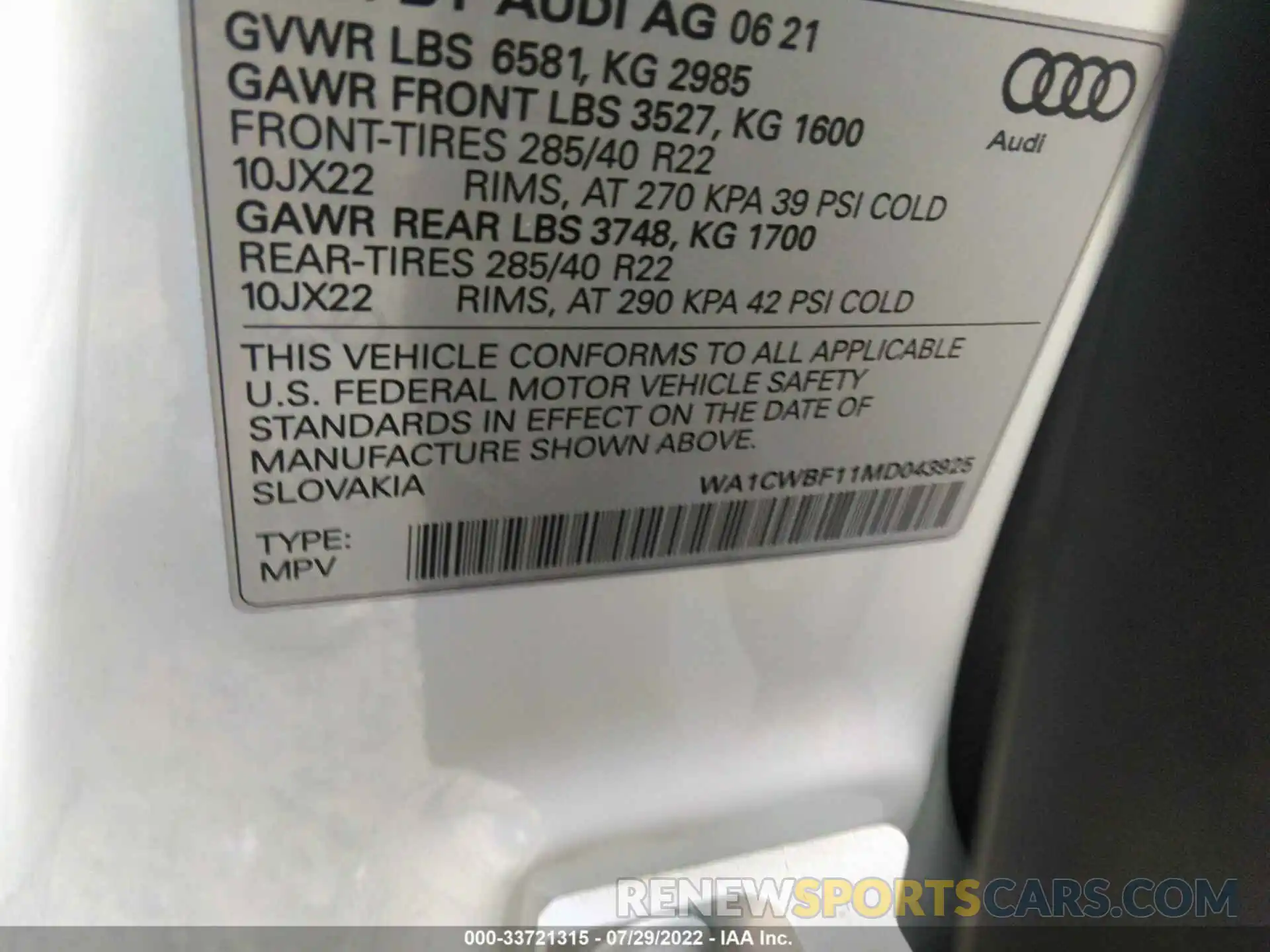 9 Photograph of a damaged car WA1CWBF11MD043925 AUDI SQ8 2021