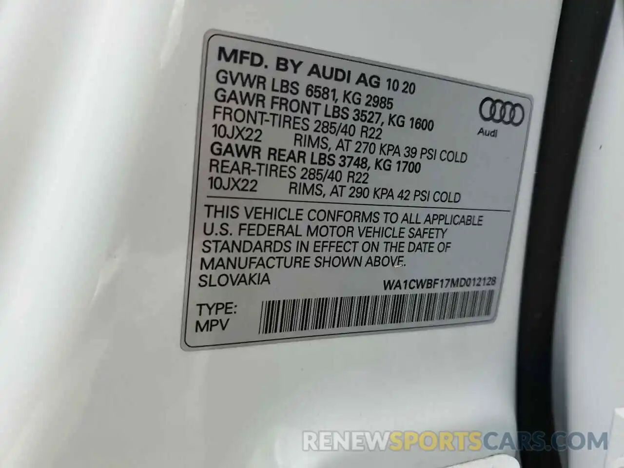 10 Photograph of a damaged car WA1CWBF17MD012128 AUDI SQ8 2021