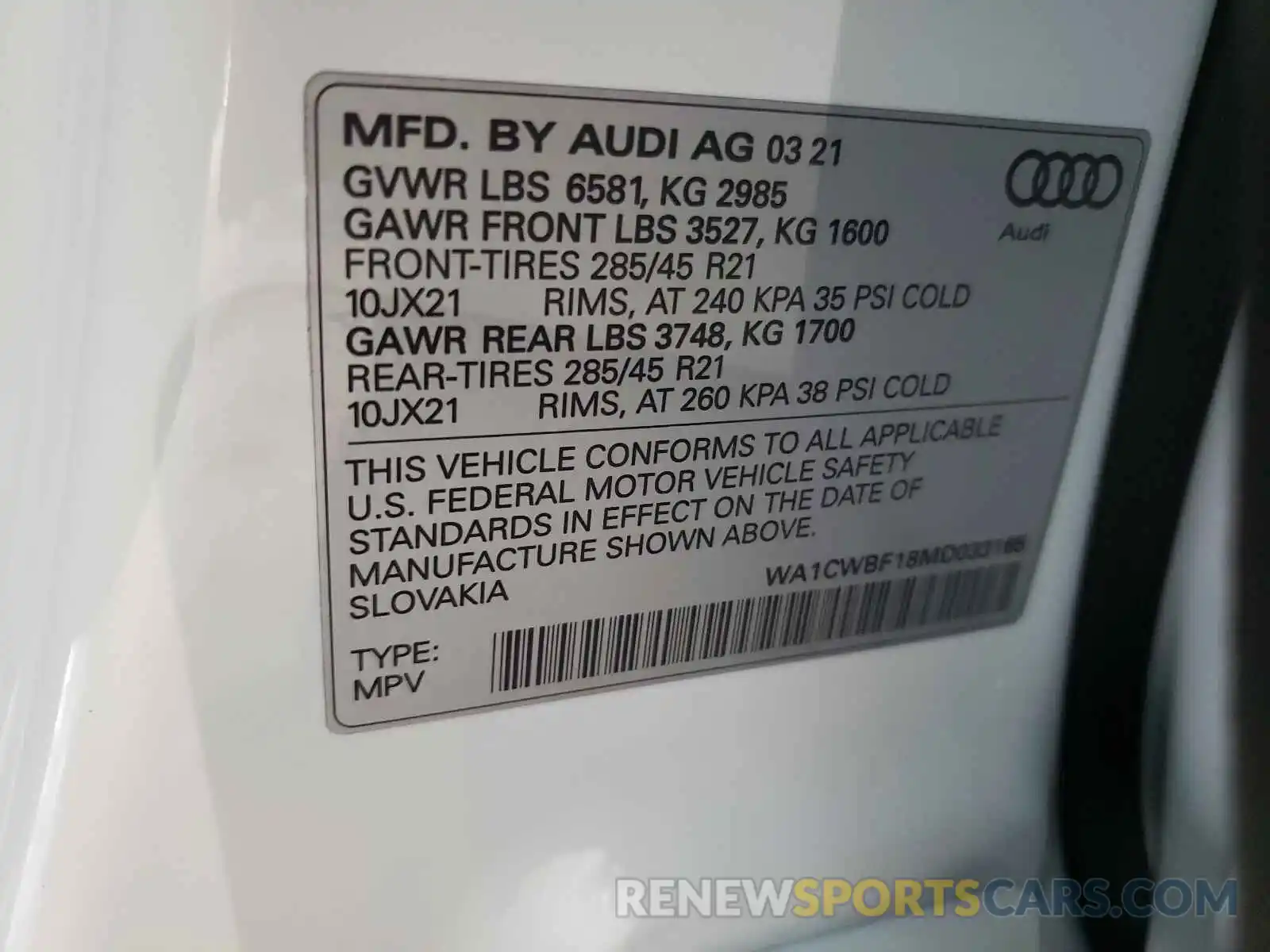 10 Photograph of a damaged car WA1CWBF18MD033165 AUDI SQ8 2021